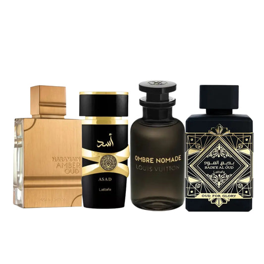 4 parfüm készlet | Oud For Glory, Asad, Ombre Nomade, Amber Oud 100ml