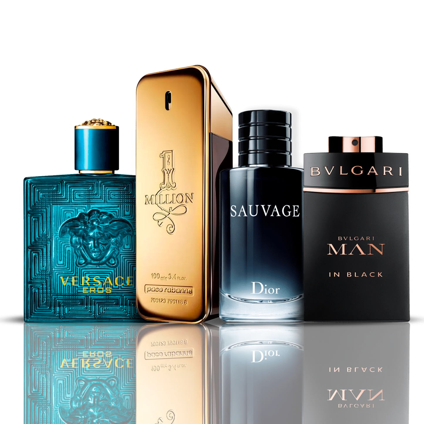 4 parfüm készlet – Eros Versace + One Million Paco Rabanne + Bvlgari Man in Black + Sauvage Dior 100 ml